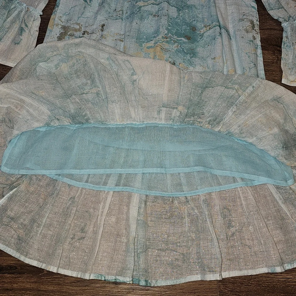 Debbie Katz Nalai Tunic Aqua Metallic Block Print Midi Dress Sz M Cottagecore - Picture 11 of 16